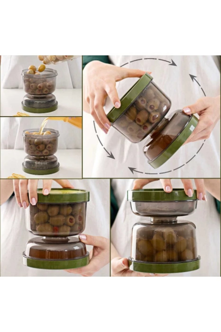 Kum Saati Zeytin & Turşu Saklama Kabı Süzgeçli Şeffaf - Çevir Sakla & Çevir Ye – görsel 2