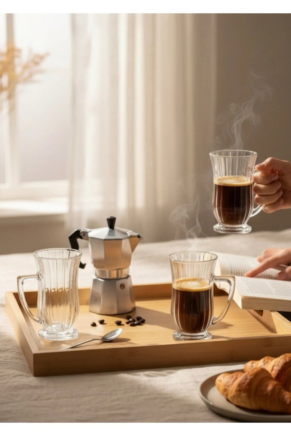 Cam Latte Bardağı Seti | Isıya Dayanıklı Şeffaf Cam Kahve Bardağı, Kulplu, Modern Tasarım – görsel 2