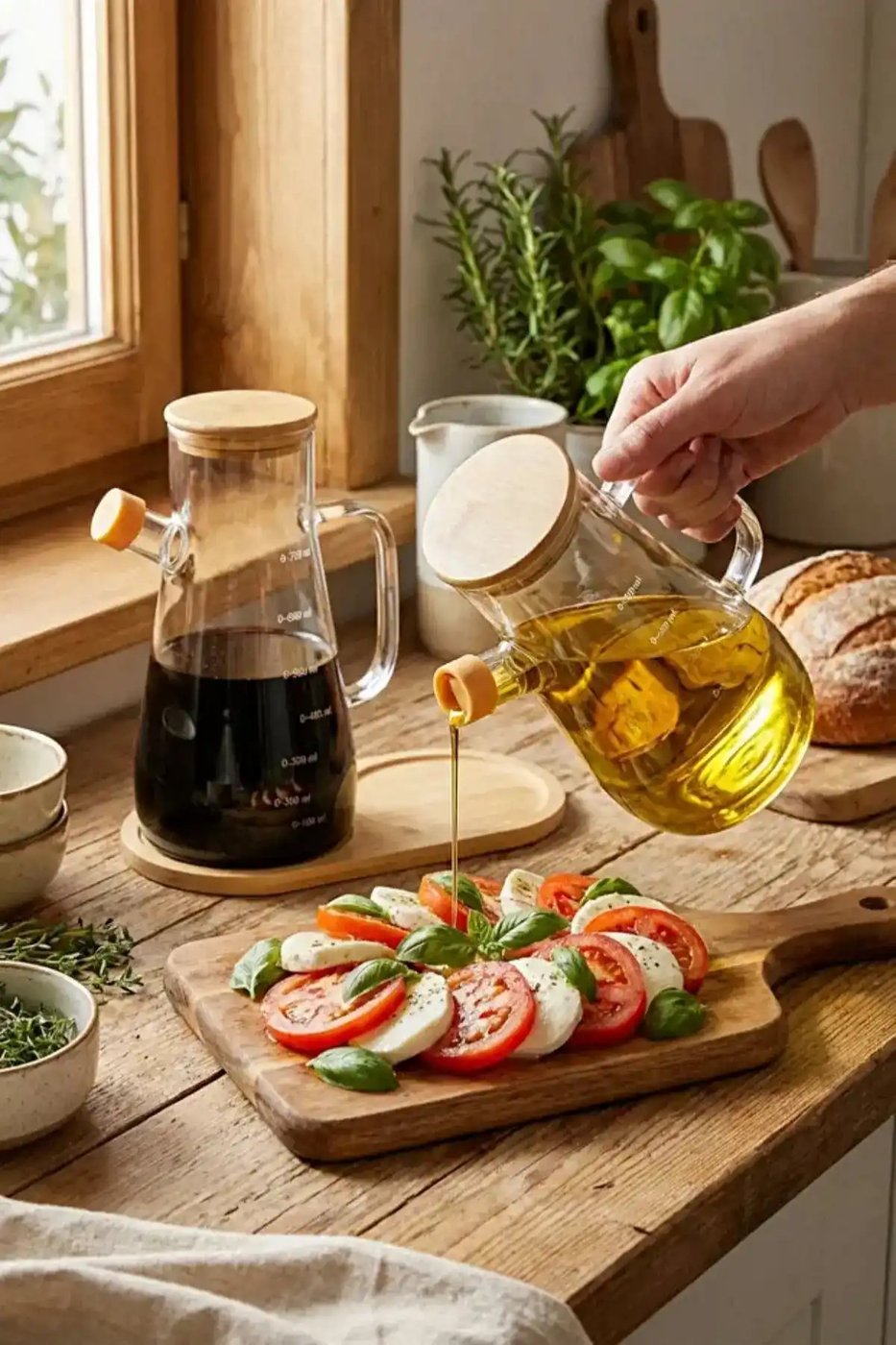 Bambu Standlı Cam Yağlık Sirkelik Seti 900 ml Ölçekli – görsel 3